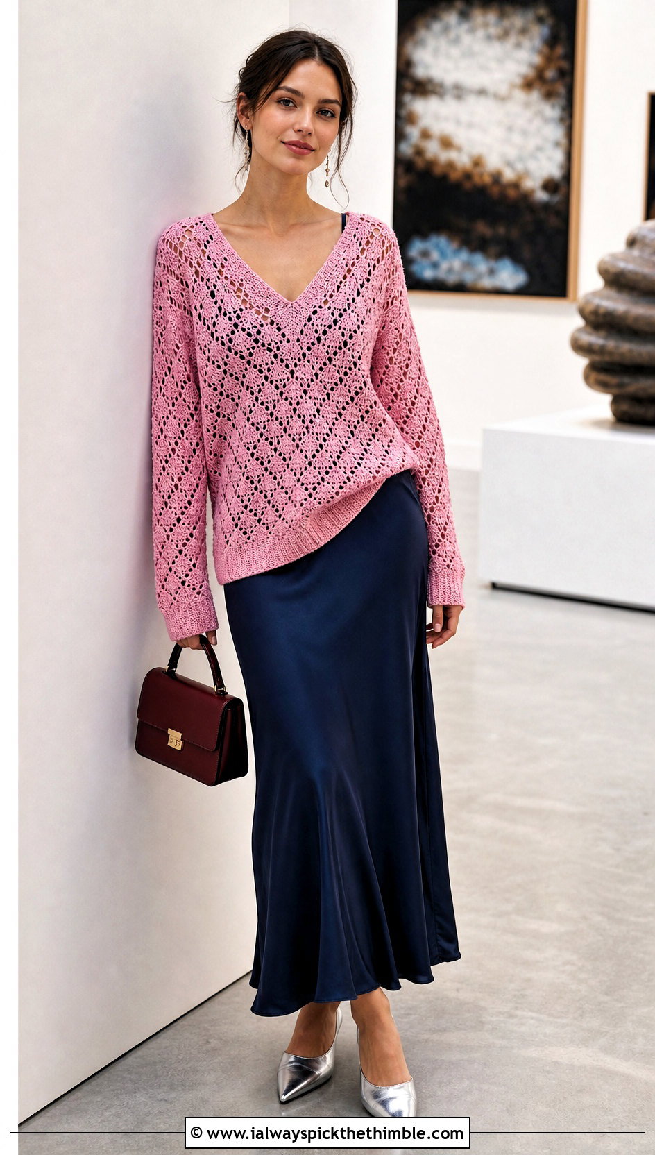V Neck Designer Crochet Sweater Over A Slip Dress - 15 Designer Crochet Sweater outfit ideas