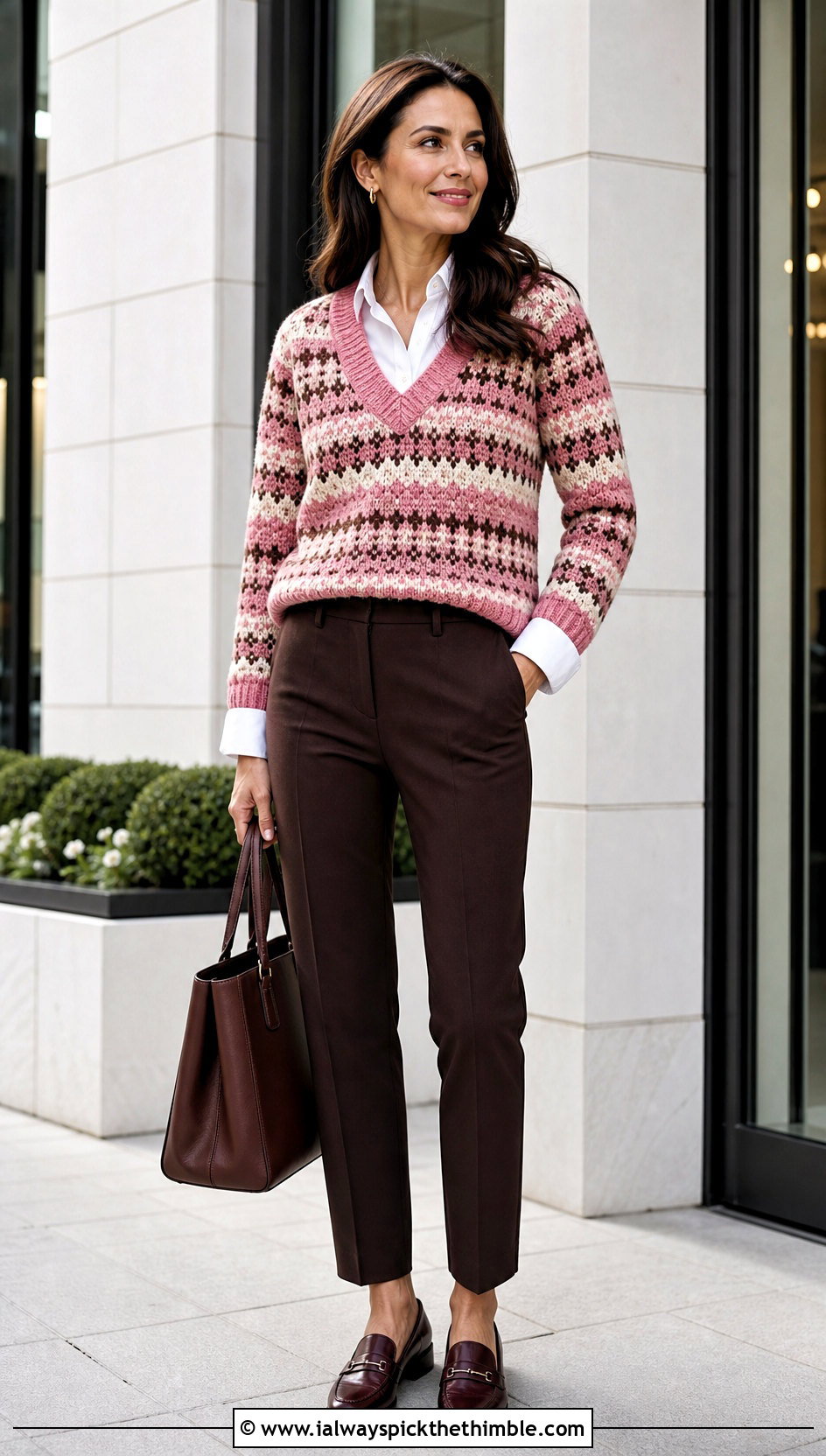 V Neck Fair Isle Crochet Sweater With Button Down Shirt - 20 fair isle crochet sweater outfit ideas