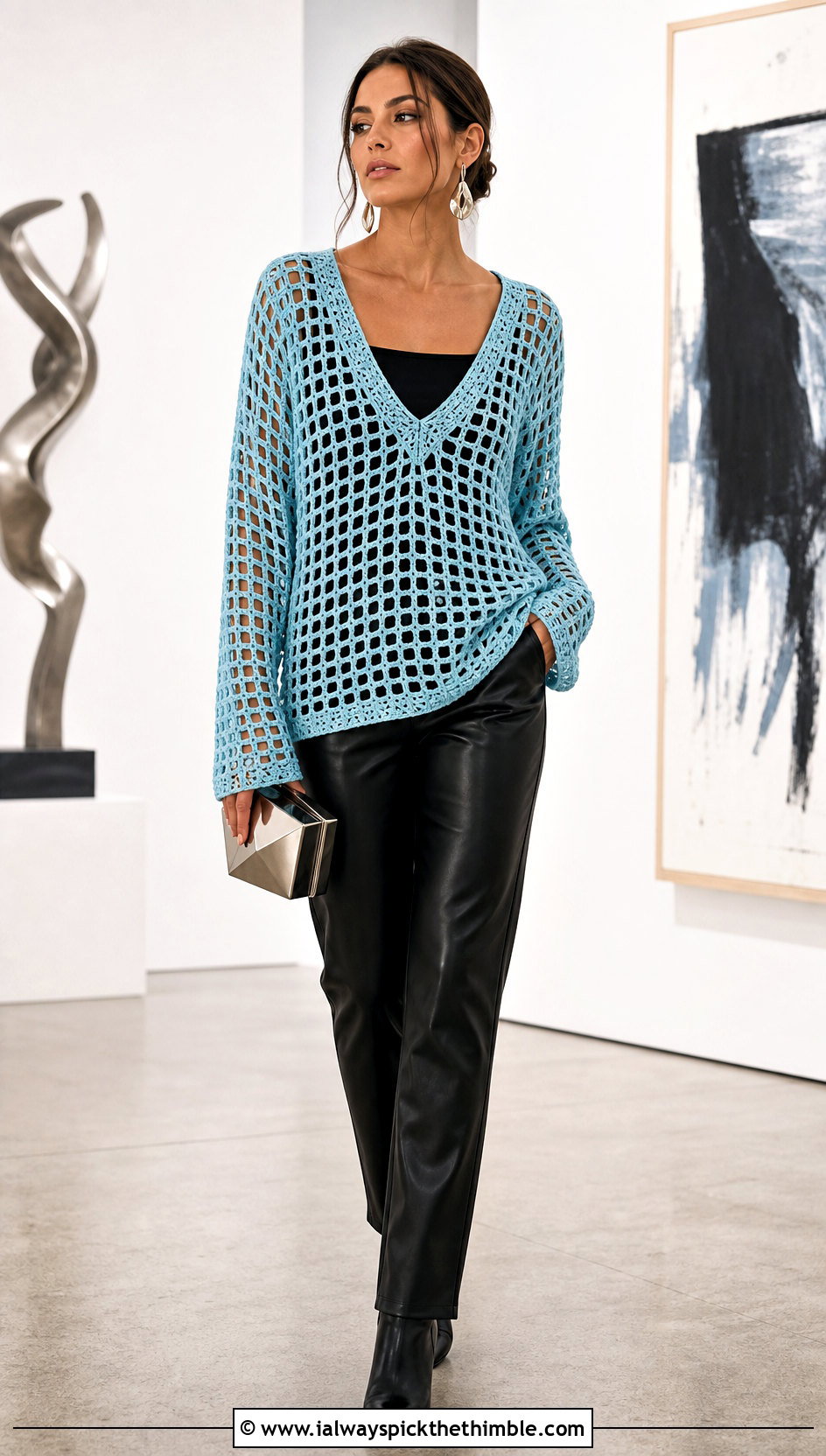 V Neck Filet Crochet Net Sweater With Leather Pants - 25 crochet net sweater outfit ideas