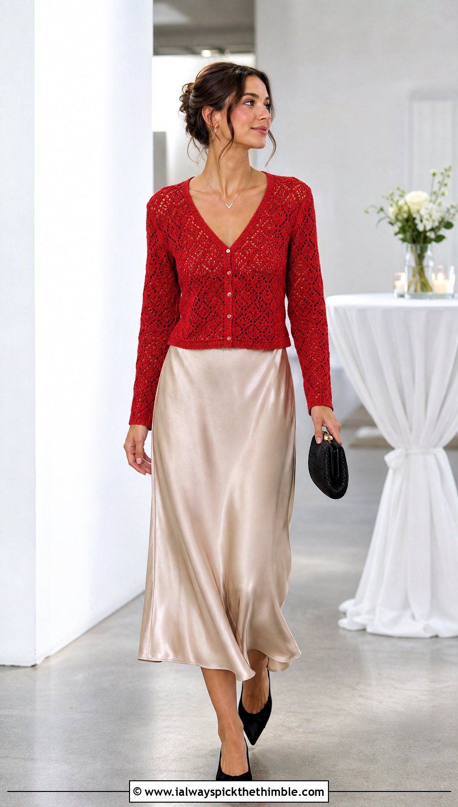 V Neck Filet Diamond Crochet Cardigan With Satin Skirt - 20 diamond crochet cardigan outfit ideas