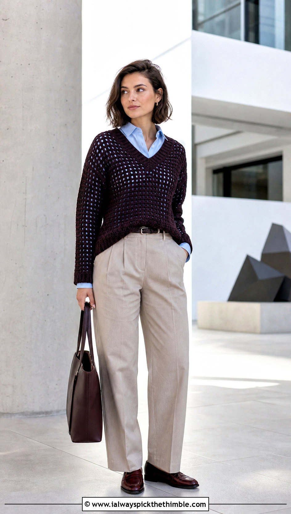 V Neck Filet Grid Crochet Sweater With Button Down Shirt - 15 Grid Crochet Sweater outfit ideas