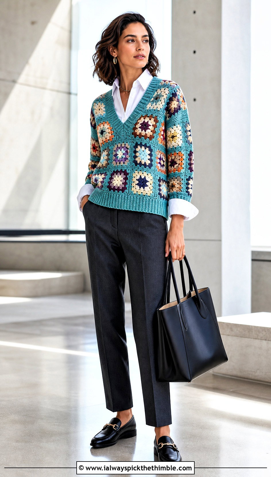 V Neck Granny Block Sweater With Button Down Shirt And Trousers - 20 crochet block sweater outfit ideas