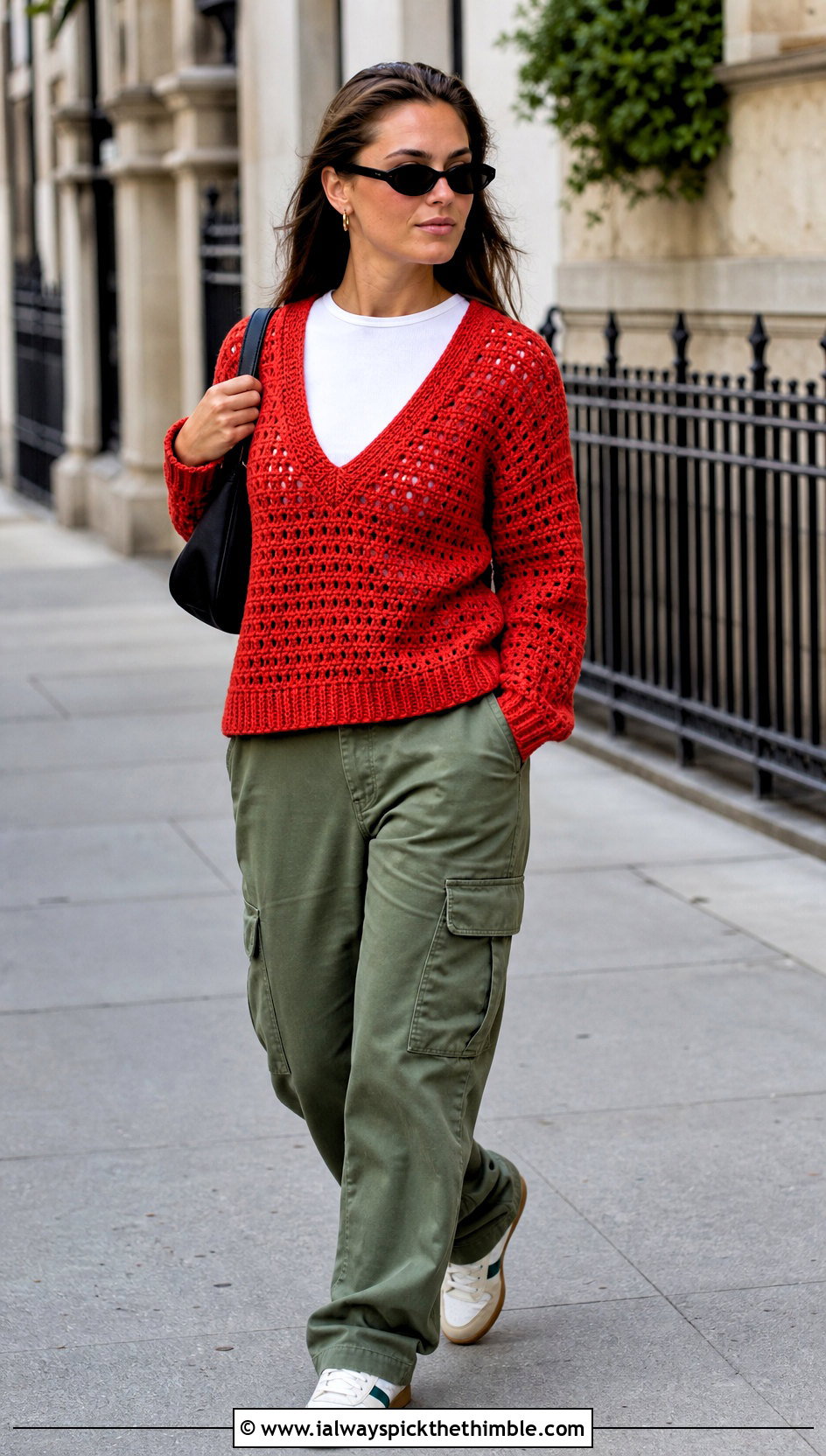 V Neck Granny Raglan Sweater With Cargo Pants - 20 Crochet Granny Raglan Sweater outfit ideas