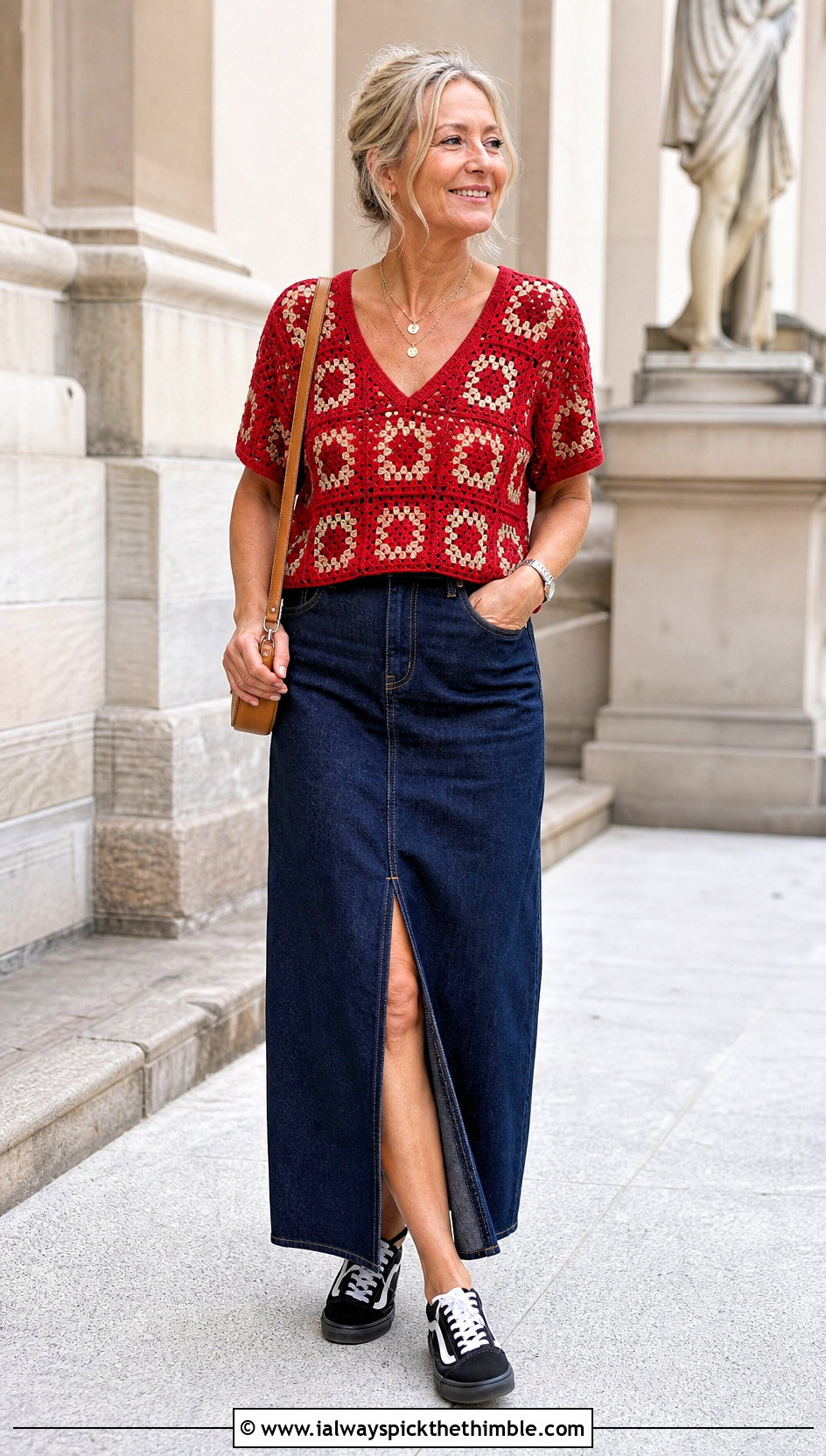 V Neck Granny Square Blouse With Denim Maxi Skirt - 25 Granny Square Blouse outfit ideas