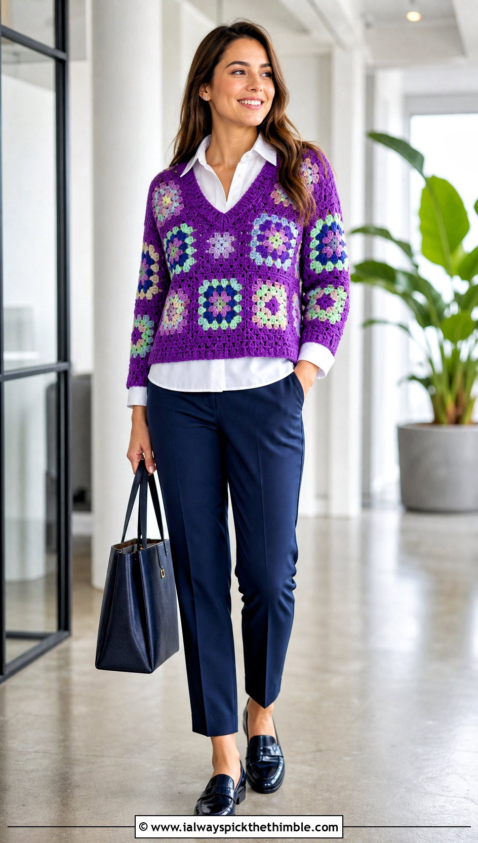 V Neck Granny Square Jumper With Collared Shirt - 20 crochet square jumper outfit ideas