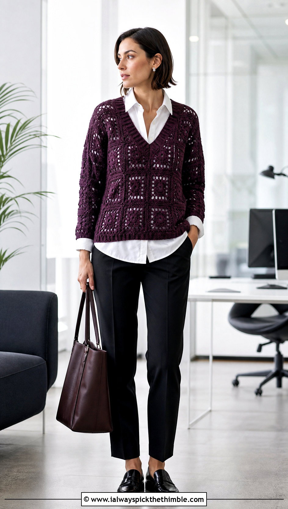 V Neck Granny Square Jumper With Poplin Shirt - 25 granny square jumper outfit ideas