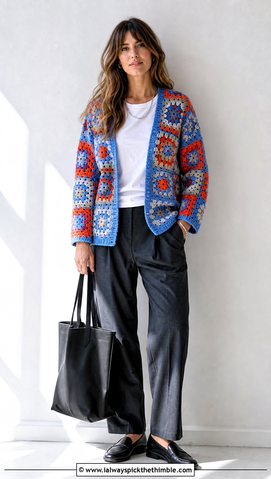 V Neck Granny Square Patchwork Cardigan With Relaxed Trousers - 20 Granny Square Patchwork Cardigan outfit ideas