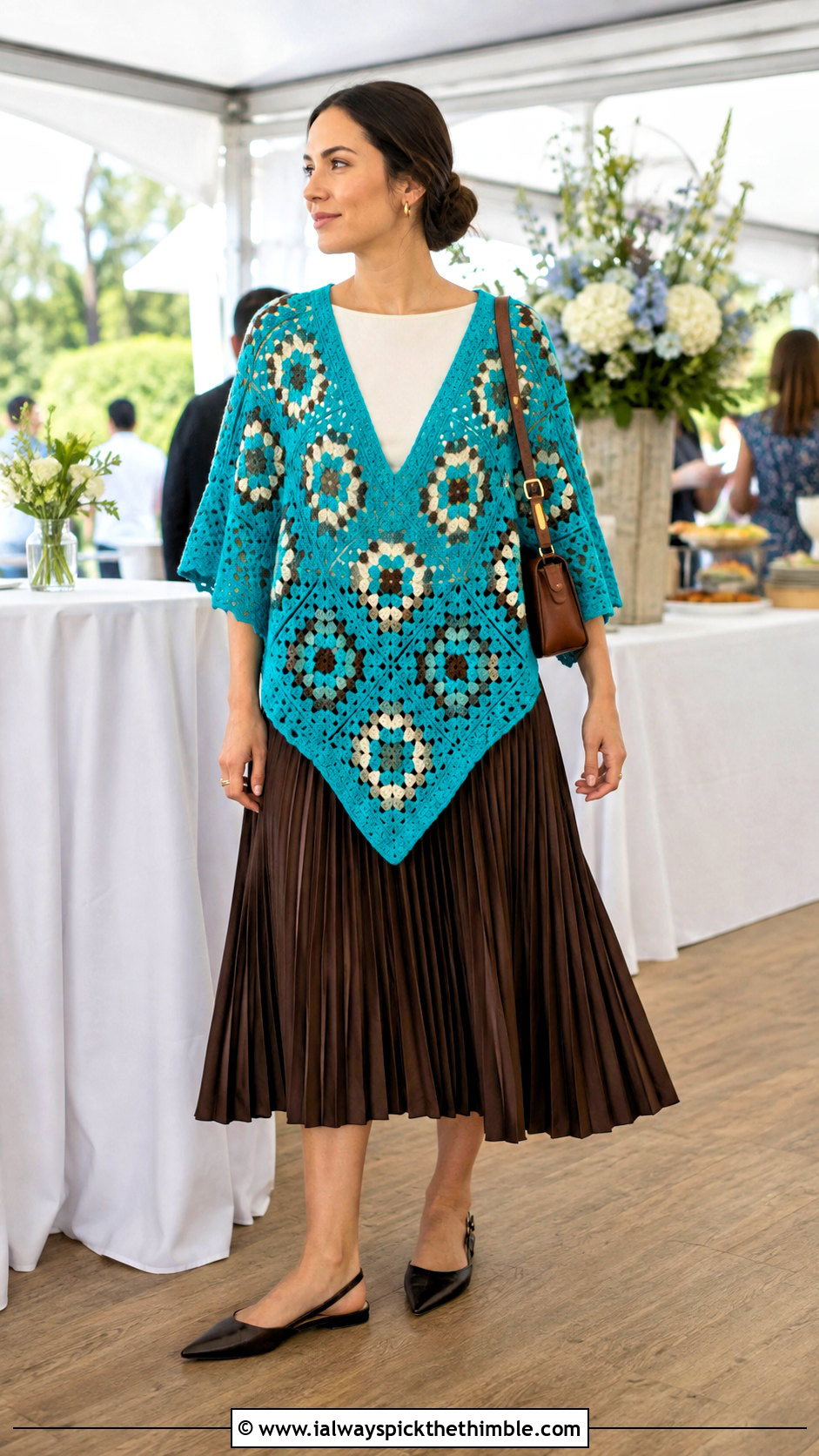 V Neck Granny Square Poncho With Pleated Skirt - 25 granny square poncho outfit ideas