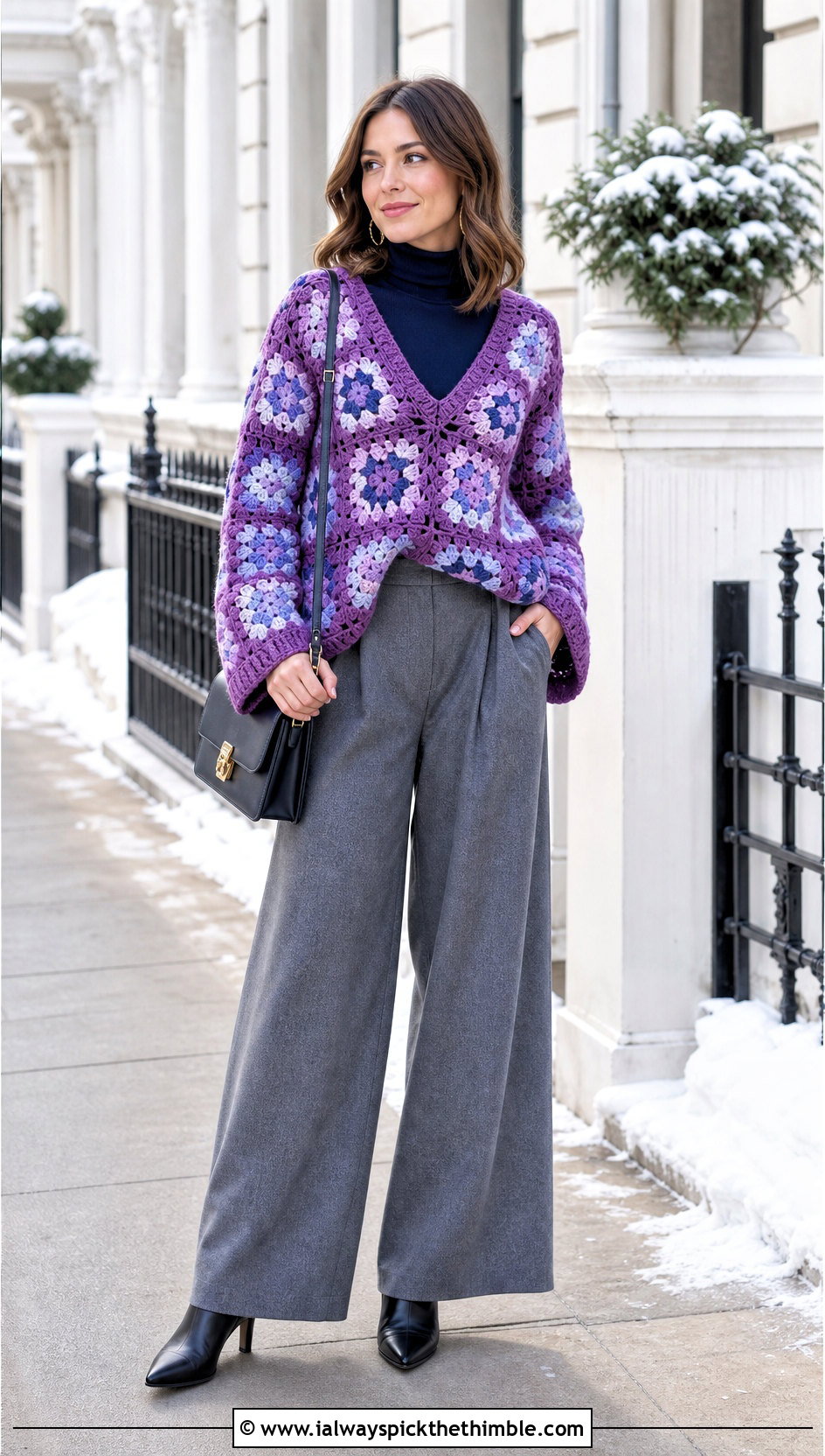V Neck Granny Square Pullover Over A Turtleneck - 25 granny square pullover outfit ideas