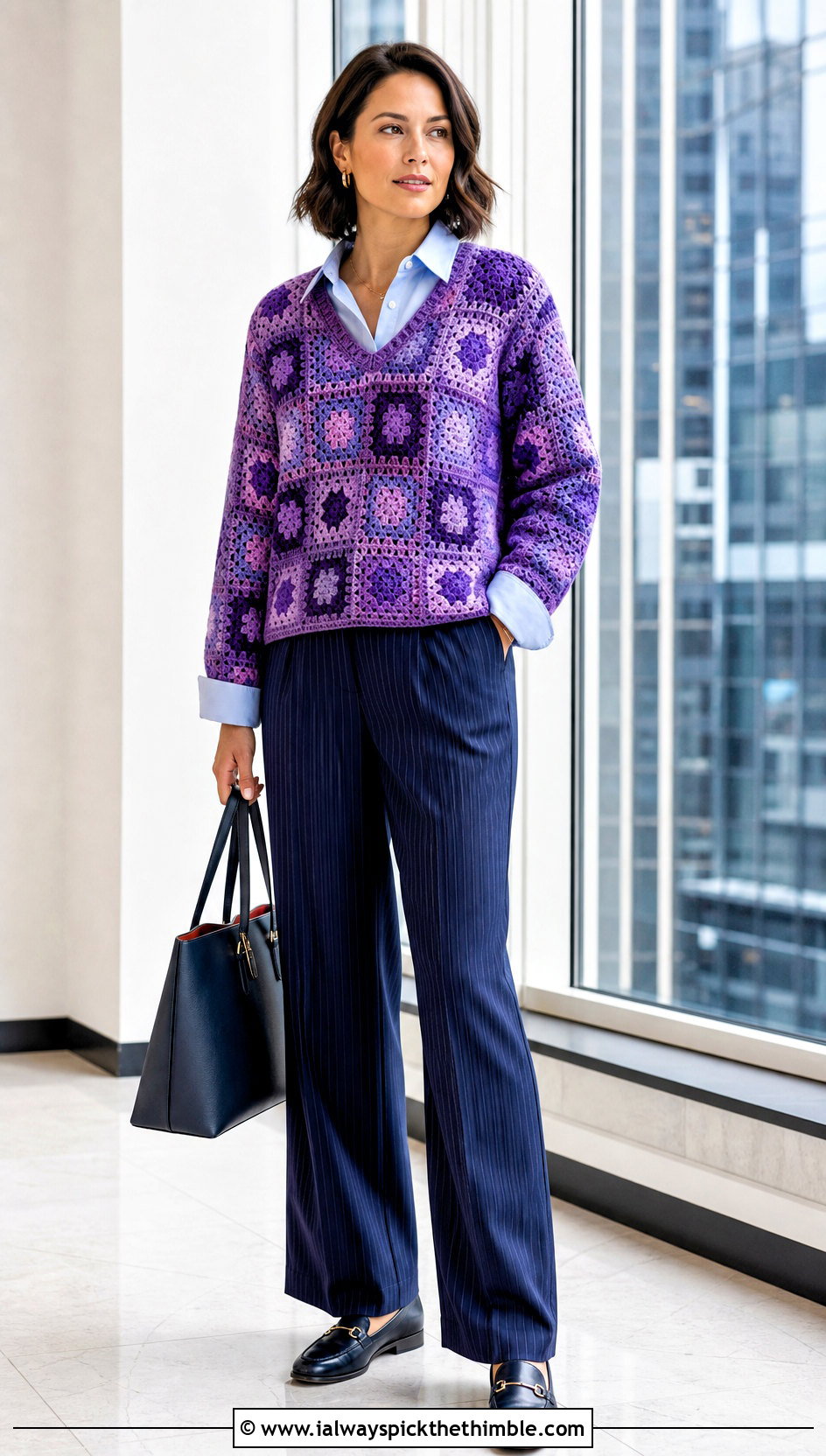 V Neck Granny Square Pullover With Pinstripe Trousers - 25 granny square crochet sweater outfit ideas