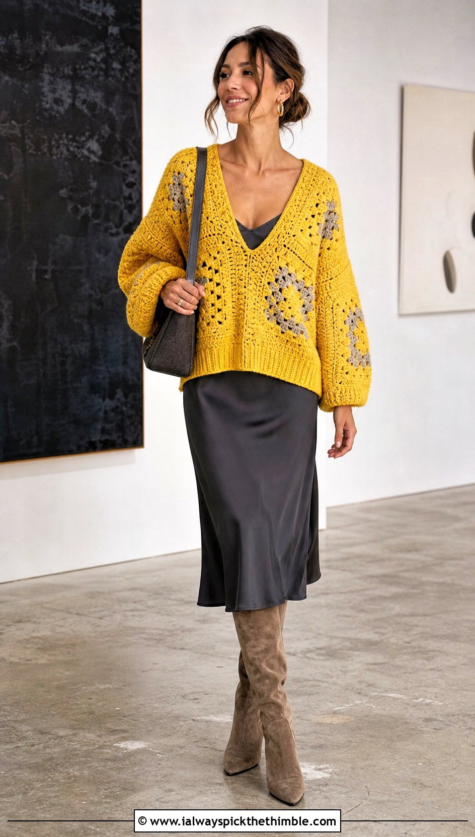 V Neck Granny Square Pullover With Slip Dress - 20 Fall Granny Square Sweater outfit ideas