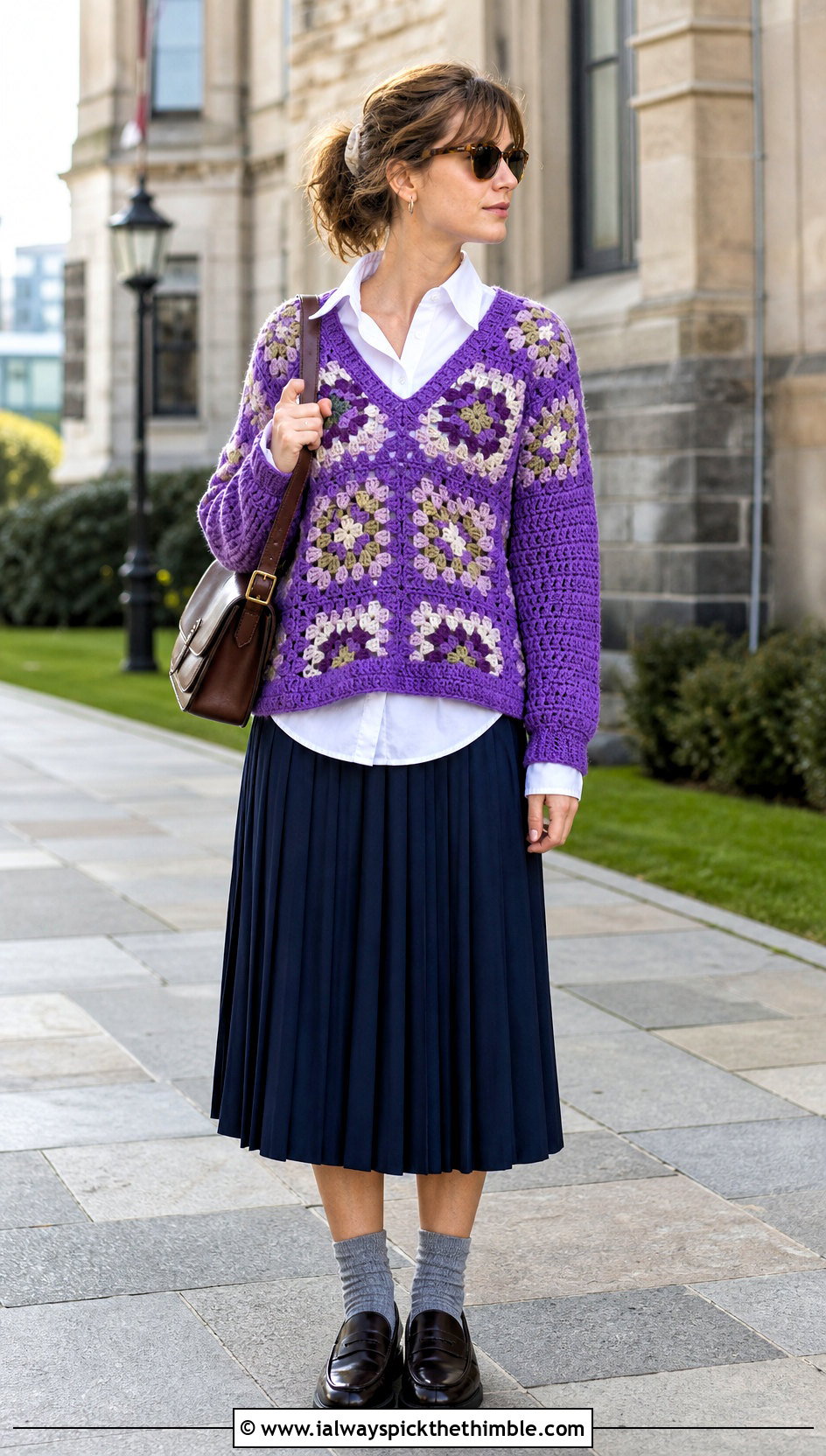 V Neck Granny Square Stitch Sweater With Pleated Midi Skirt - 20 granny square stitch sweater outfit ideas
