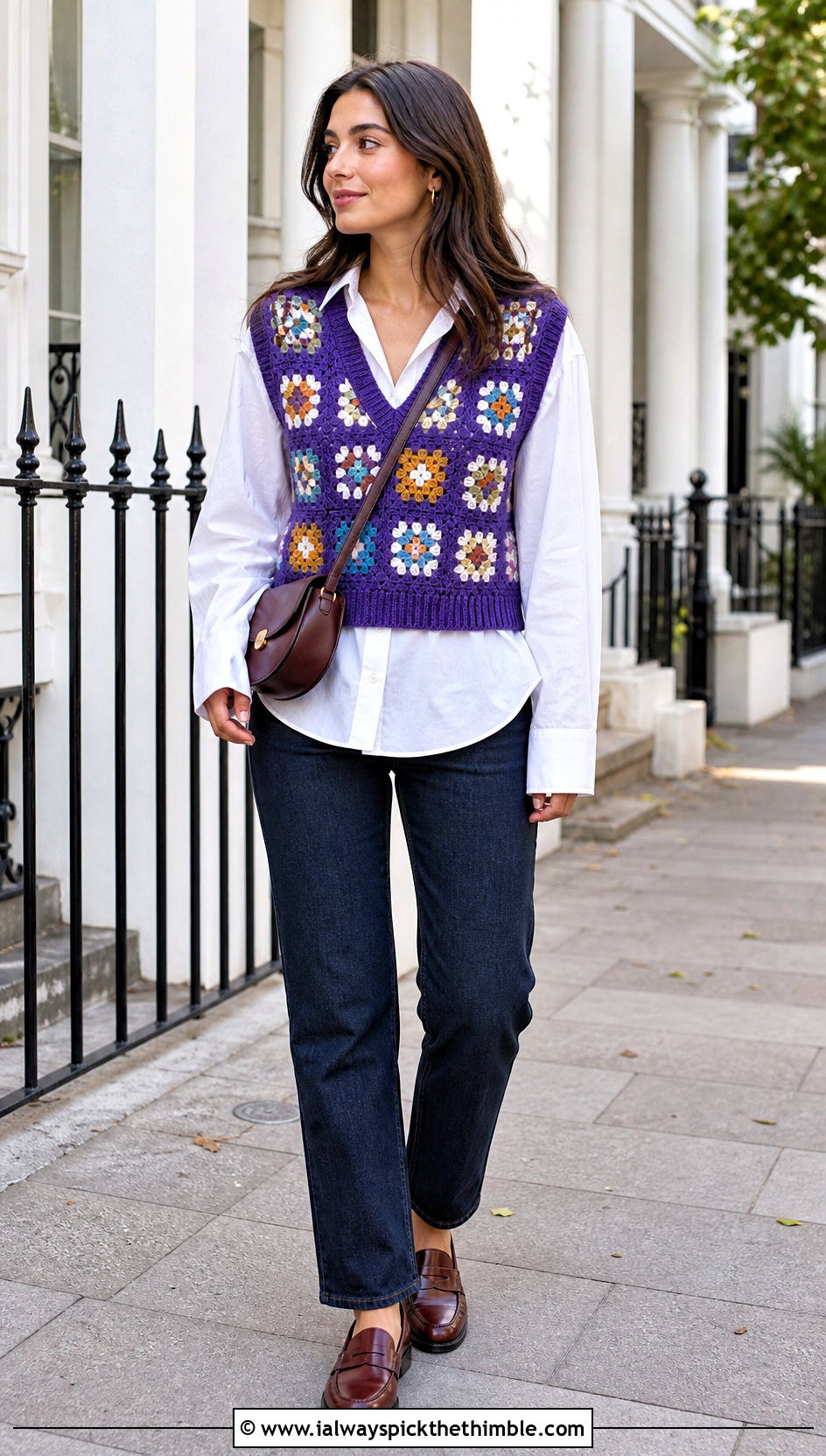 V Neck Granny Square Sweater Vest With White Shirt - 25 granny square sweater vest outfit ideas