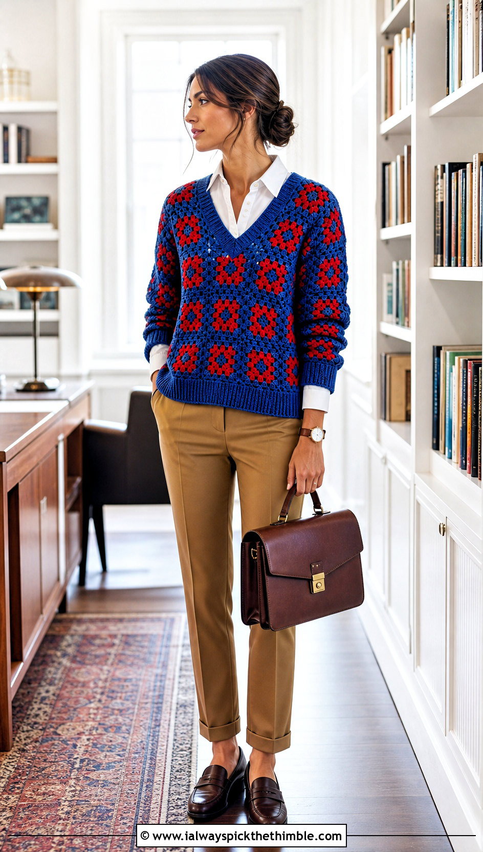 V Neck Granny Square Sweater With Button Down Shirt - 25 granny square sweater outfit ideas