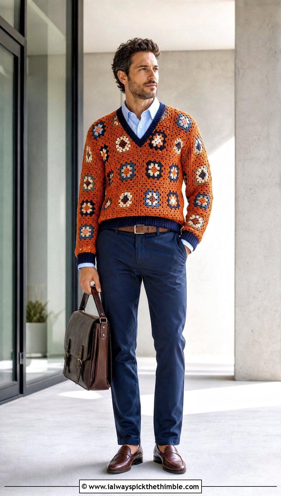 V Neck Granny Square Sweater With Oxford Shirt - 20 Crochet Granny Square Sweater For Men outfit ideas