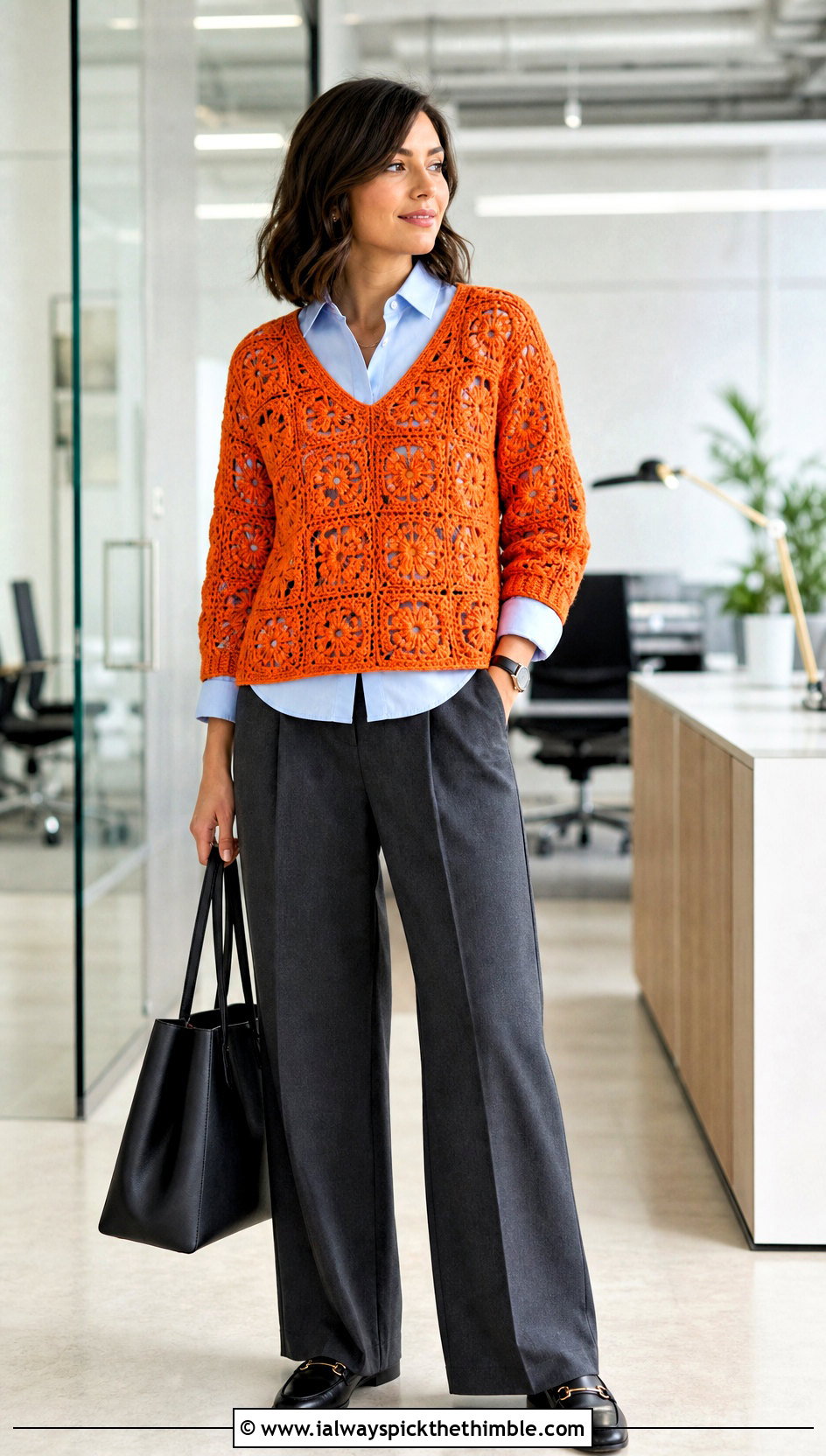 V Neck Granny Square Sweater With Tailored Trousers - 25 crochet granny square sweater outfit ideas