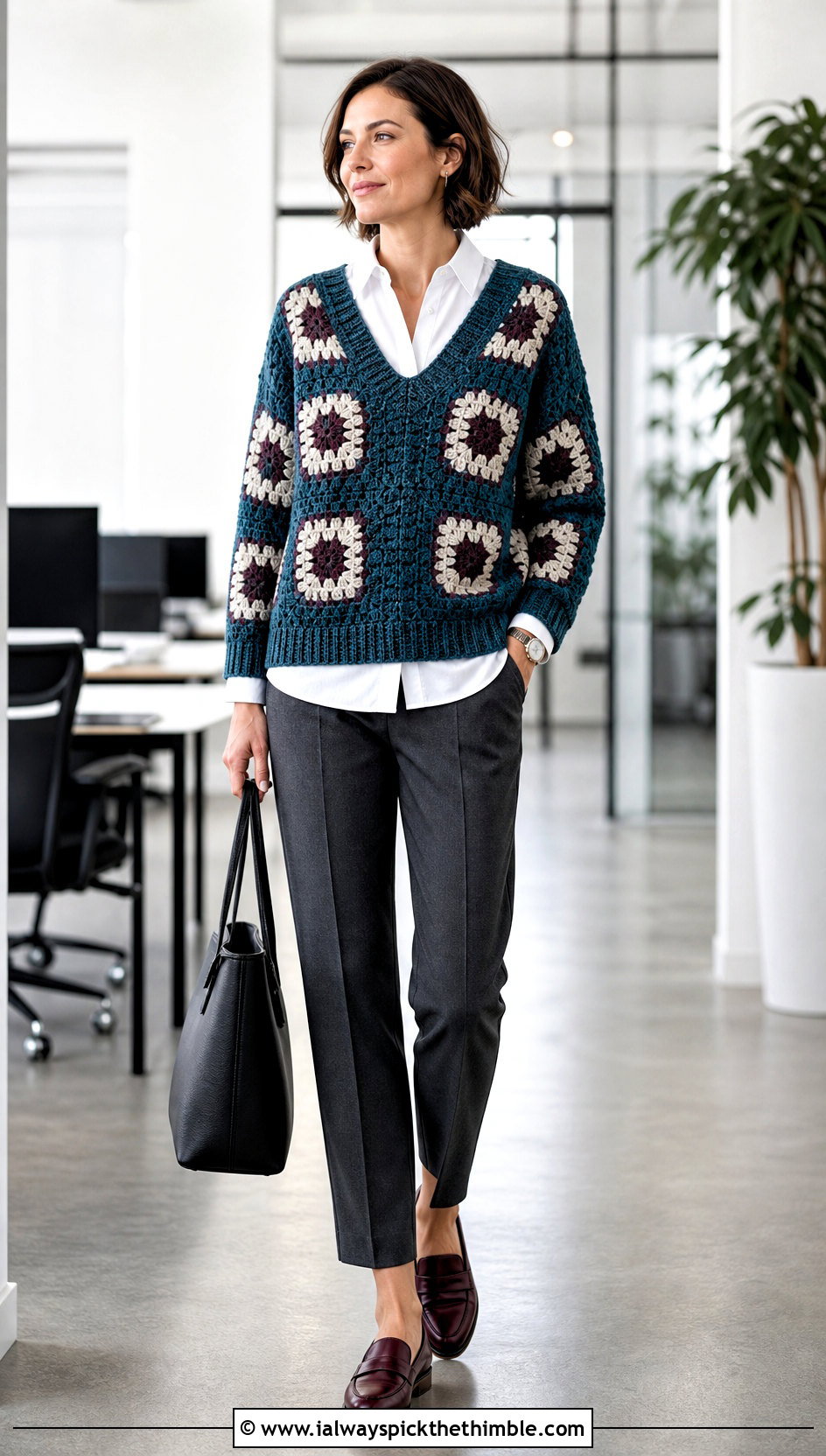 V Neck Granny Square Sweater With White Button Down Shirt - 20 easy granny square sweater outfit ideas