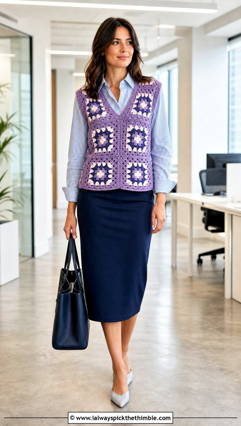 V Neck Granny Square Vest With A Striped Shirt And Pencil Skirt - 15 Crochet Granny Square Vest outfit ideas