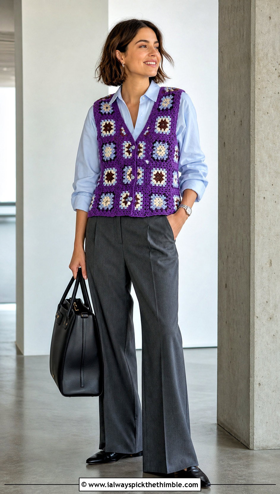 V Neck Granny Square Vest With Tailored Trousers - 20 Granny Squares Vest outfit ideas
