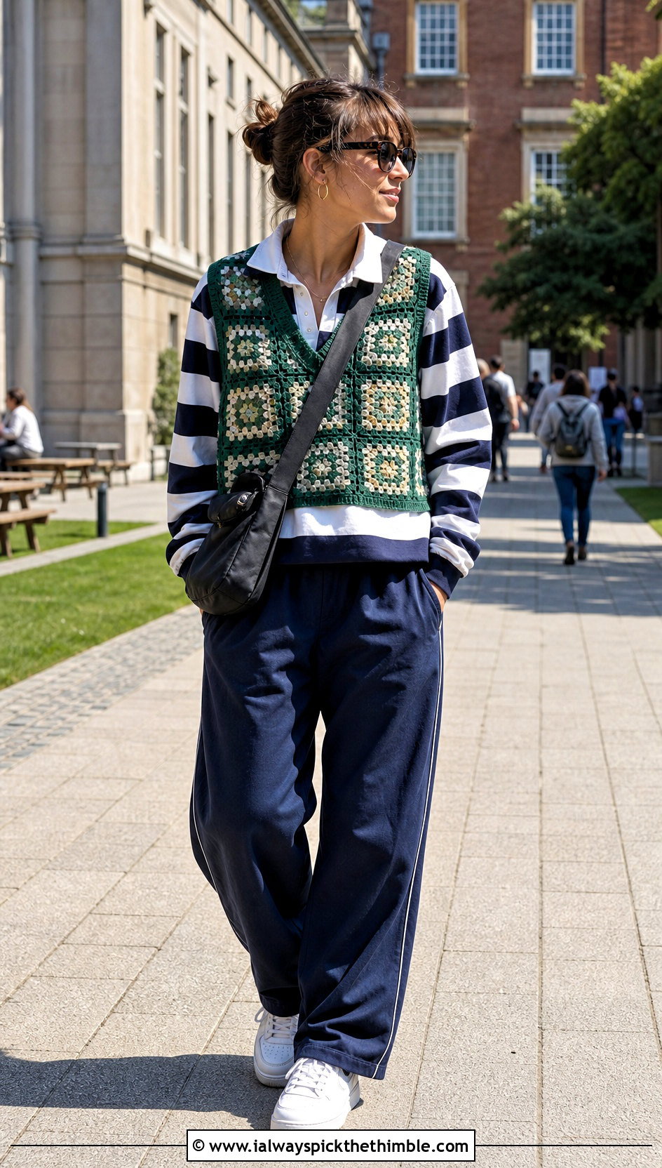 V Neck Granny Square Waistcoat With Rugby Shirt - 25 granny square waistcoat outfit ideas