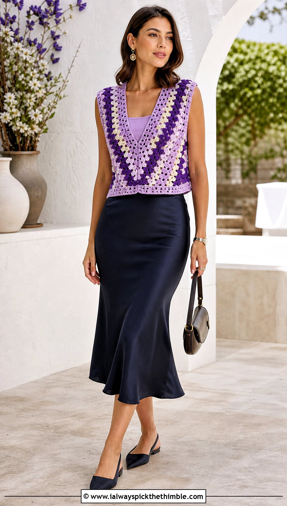 V Neck Granny Stripe Crochet Vest With Satin Midi Skirt - 15 granny stripe crochet vest outfit ideas
