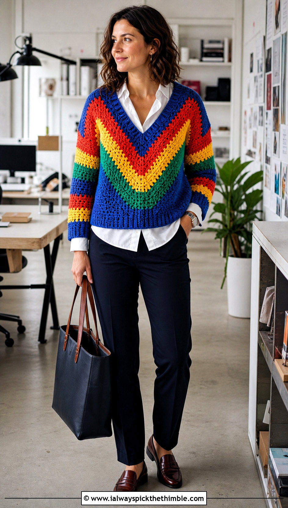 V Neck Granny Stripe Rainbow Crochet Sweater With Button Down Shirt - 20 Rainbow Crochet Sweater outfit ideas