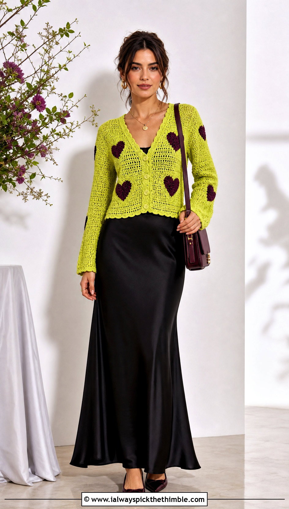 V Neck Heart Cardigan With Satin Maxi Skirt - 25 crochet heart cardigan outfit ideas