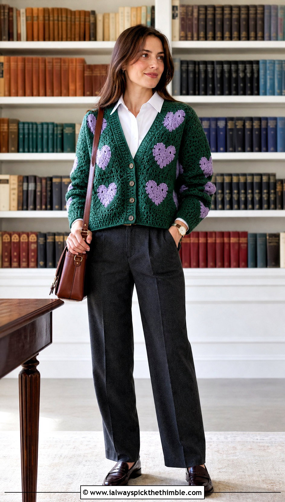 V Neck Heart Granny Square Cardigan With White Shirt - 25 Heart Granny Square Cardigan outfit ideas
