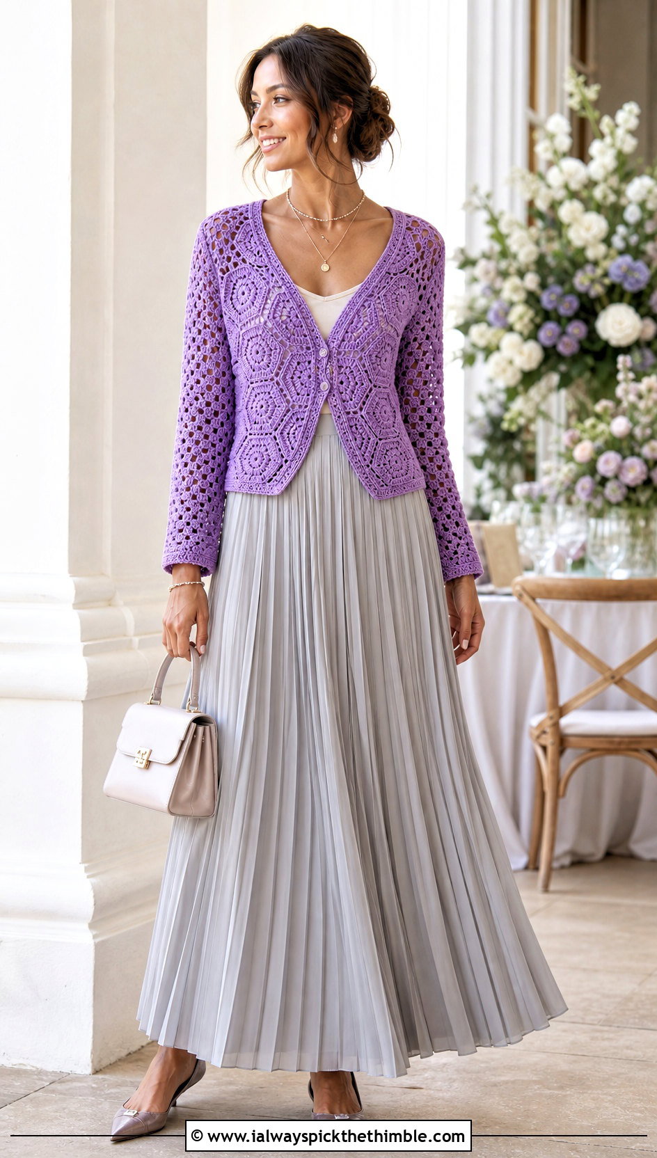 V Neck Hexagon Cardigan With Granny Square Back And Pleated Maxi Skirt - 20 Hexagon Cardigan With Granny Square Back outfit ideas