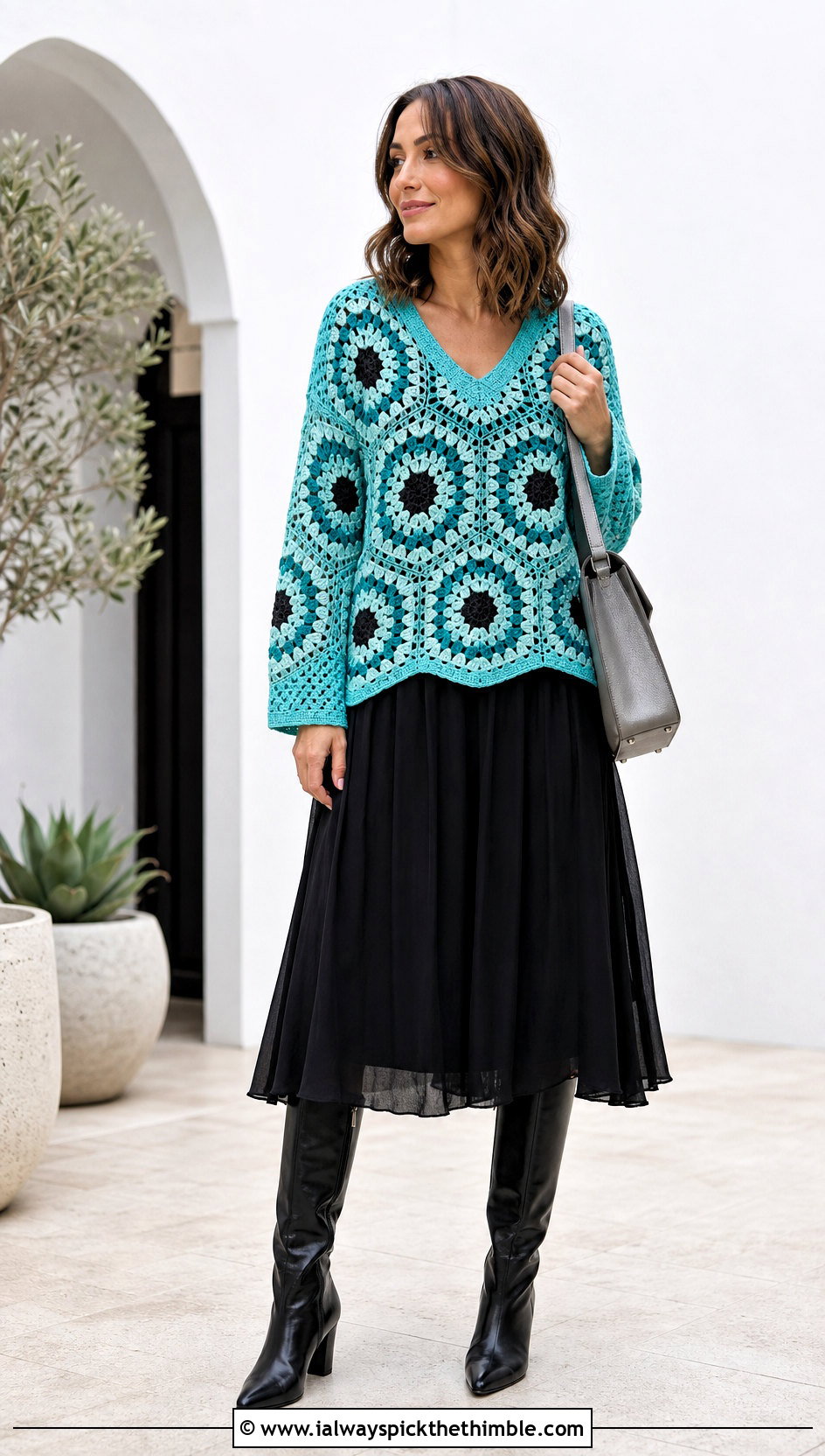 V Neck Hexagon Granny Square Pullover With Midi Dress - 25 hexagon granny square sweater outfit ideas