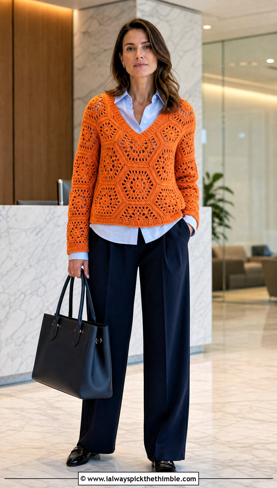 V Neck Hexagon Granny Square Pullover With Pleated Pants - 20 Hexagon Granny Square Pullover outfit ideas
