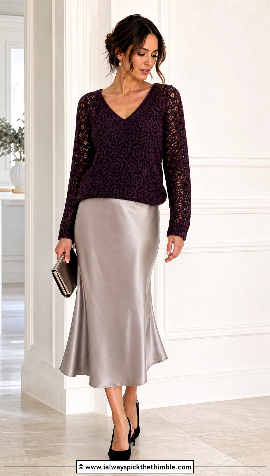 V Neck Hexagon Pullover With Satin Midi Skirt - 25 crochet hexagon pullover outfit ideas