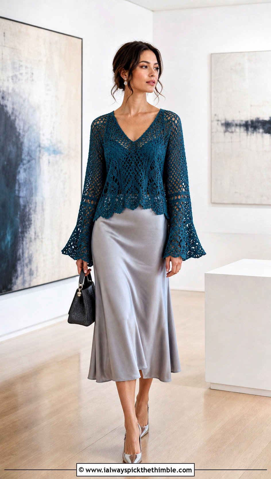 V Neck Lace Crochet Bell Sleeve Sweater With Satin Midi Skirt - 20 crochet bell sleeve sweater outfit ideas