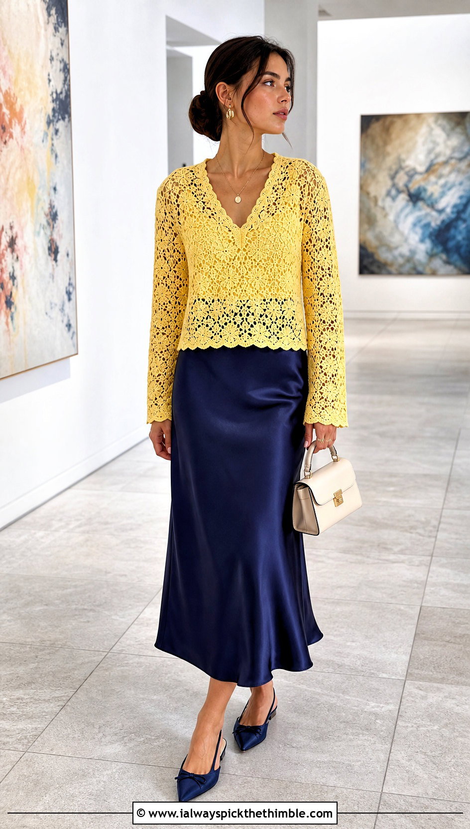 V Neck Lace Crochet Pullover With Satin Midi Skirt - 25 crochet pullover outfit ideas