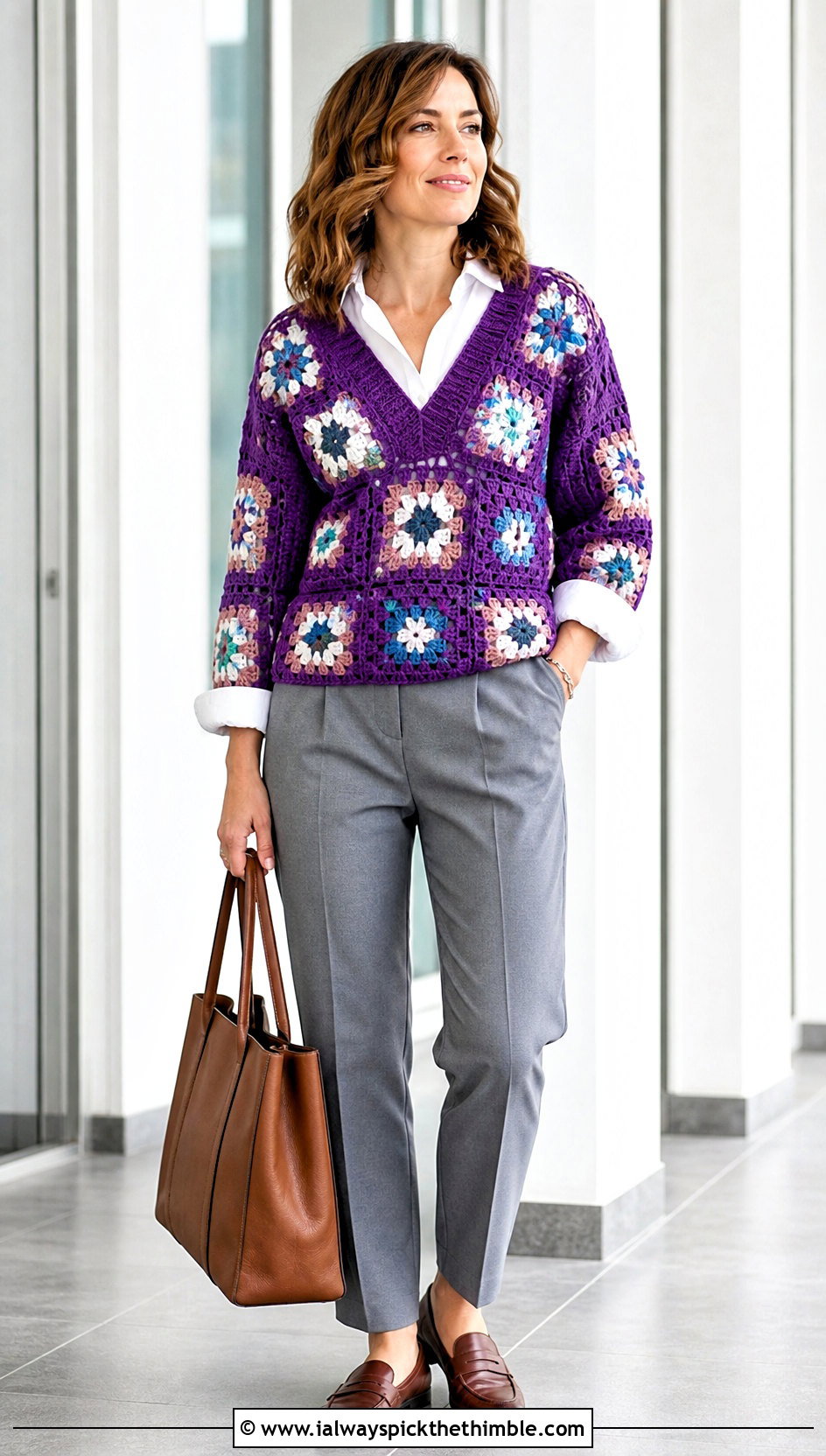 V Neck Large Granny Square Sweater With White Shirt - 25 large granny square sweater outfit ideas