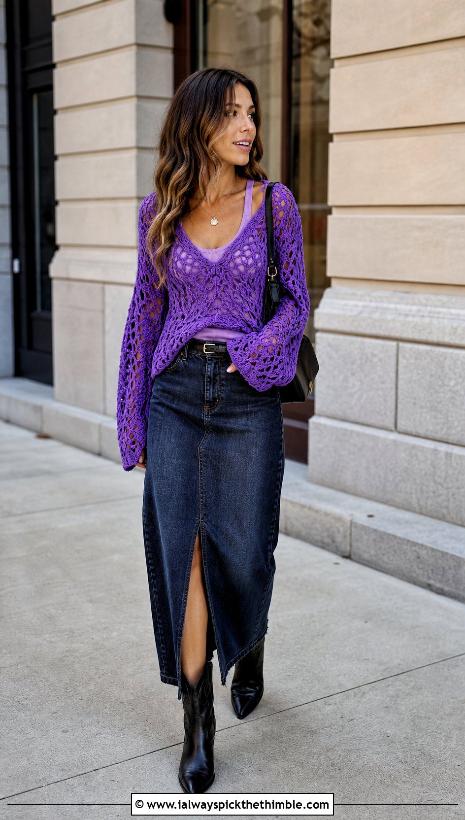 V Neck Lattice Hollow Out Crochet Sweater With Denim Maxi Skirt - 20 Hollow Out Crochet Sweater outfit ideas