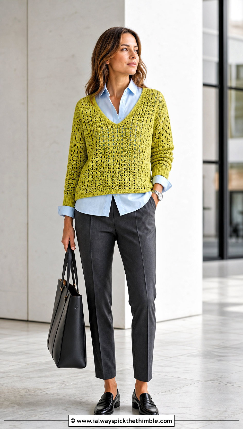 V Neck Loose Crochet Sweater With Button Down Shirt - 20 loose crochet sweater outfit ideas