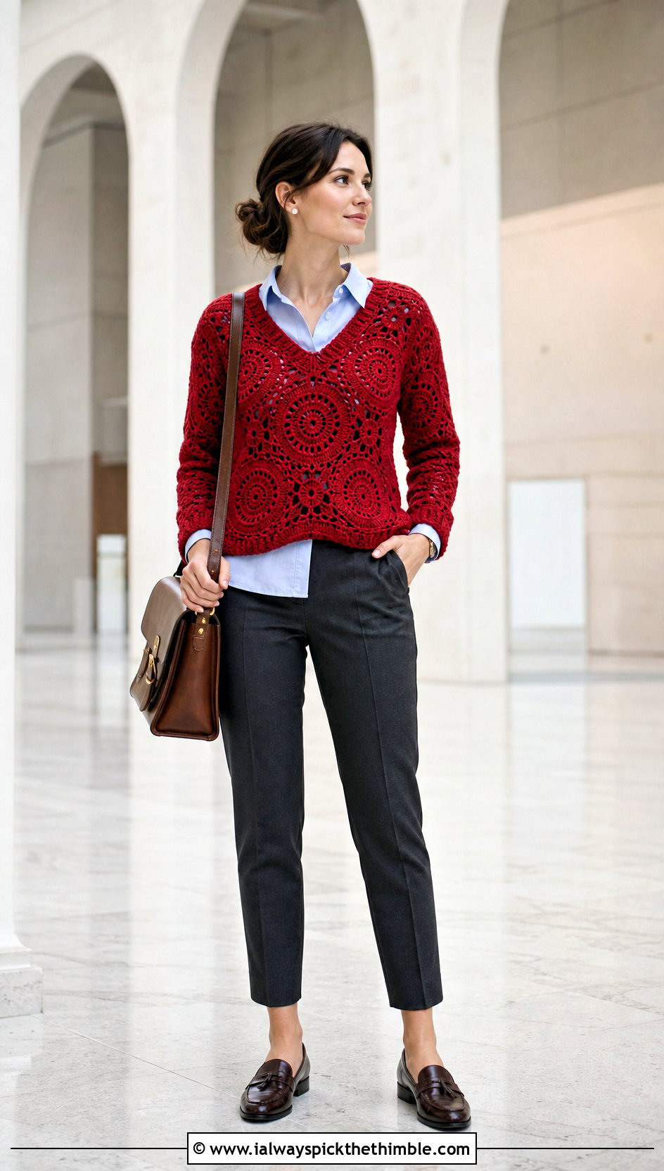 V Neck Mandala Crochet Sweater With Collared Shirt - 20 Mandala Crochet Sweater outfit ideas