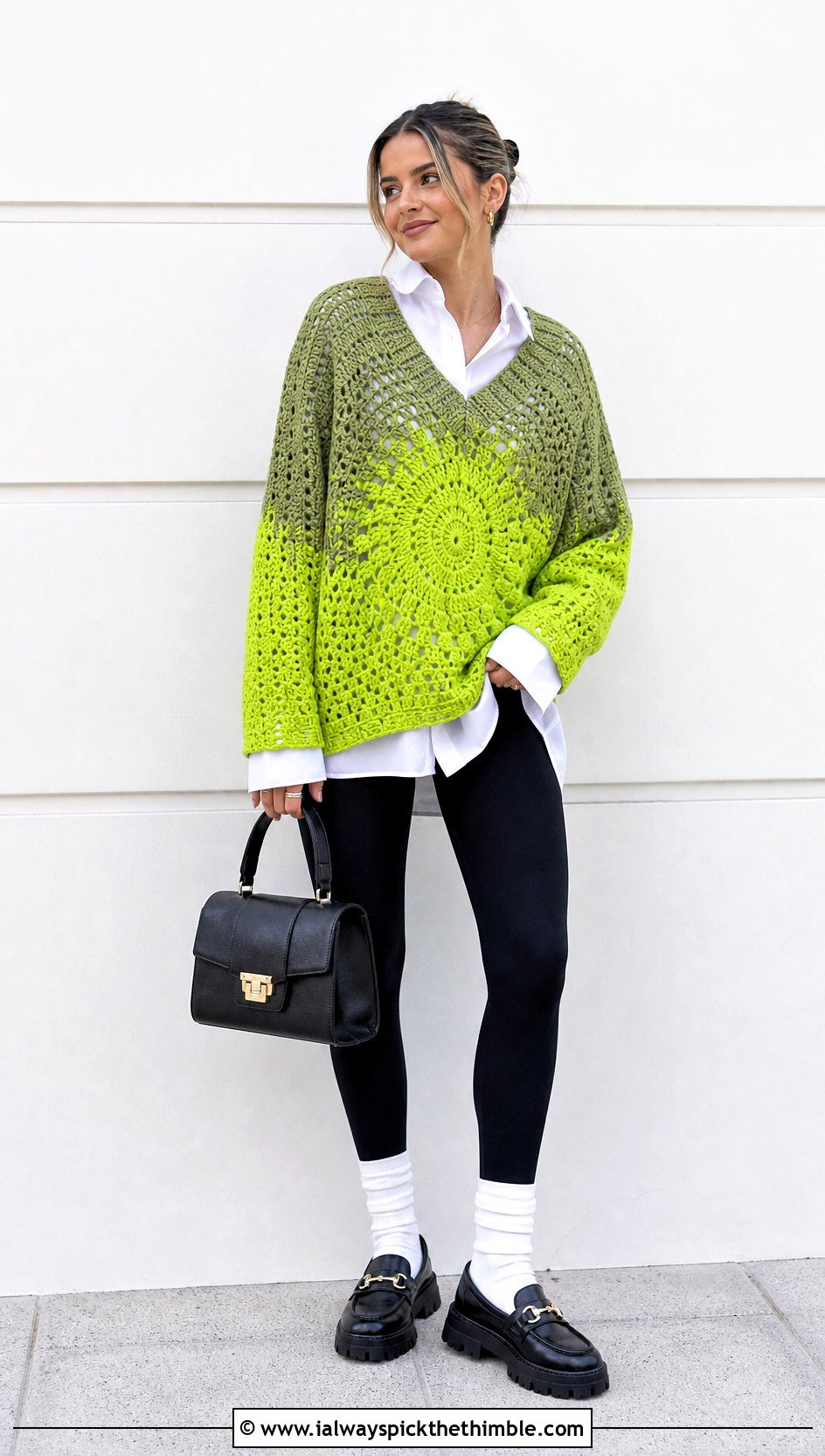 V Neck Mandala Ombre Crochet Sweater With Button Down Shirt And Leggings - 15 mandala ombre crochet sweater outfit ideas