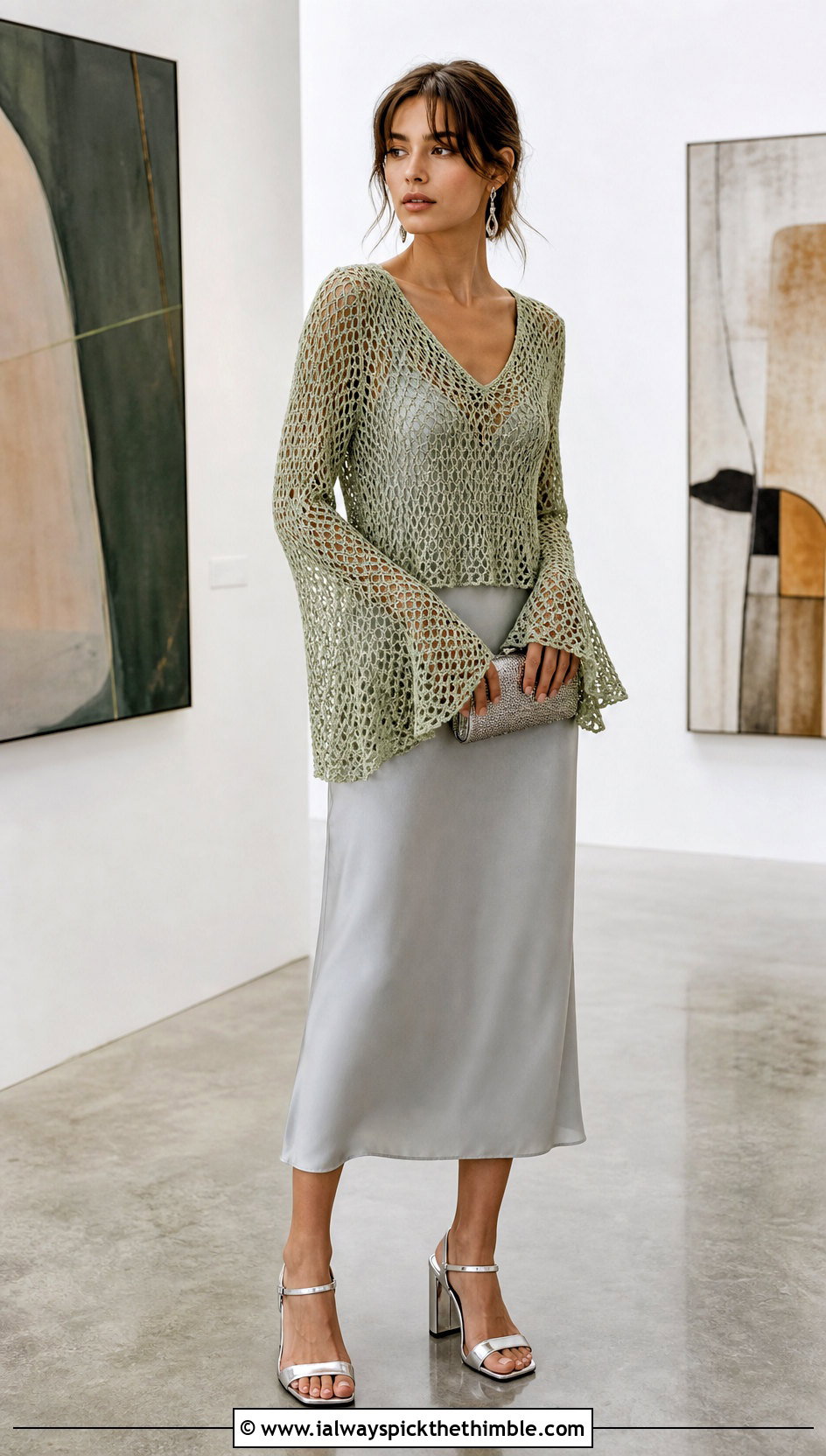 V Neck Mesh Crochet Bell Sleeve Sweater Over A Slip Dress - 20 Crochet Sweater With Bell Sleeves outfit ideas