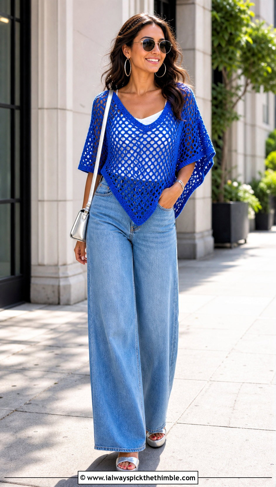 V Neck Mesh Crochet Poncho Top With Wide Leg Jeans - 20 Crochet Poncho Top outfit ideas