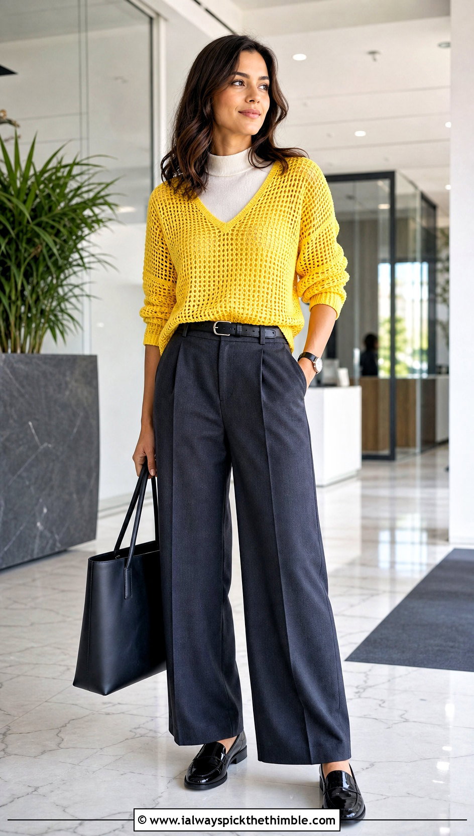 V Neck Mesh Crochet Top With Tailored Trousers - 25 mesh crochet top outfit ideas