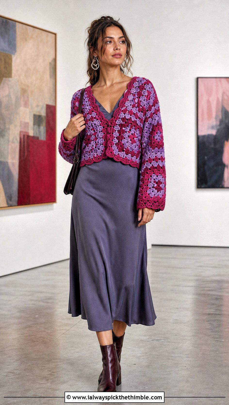 V Neck Mosaic Crochet Sweater With Slip Dress - 20 Mosaic Crochet Sweater outfit ideas