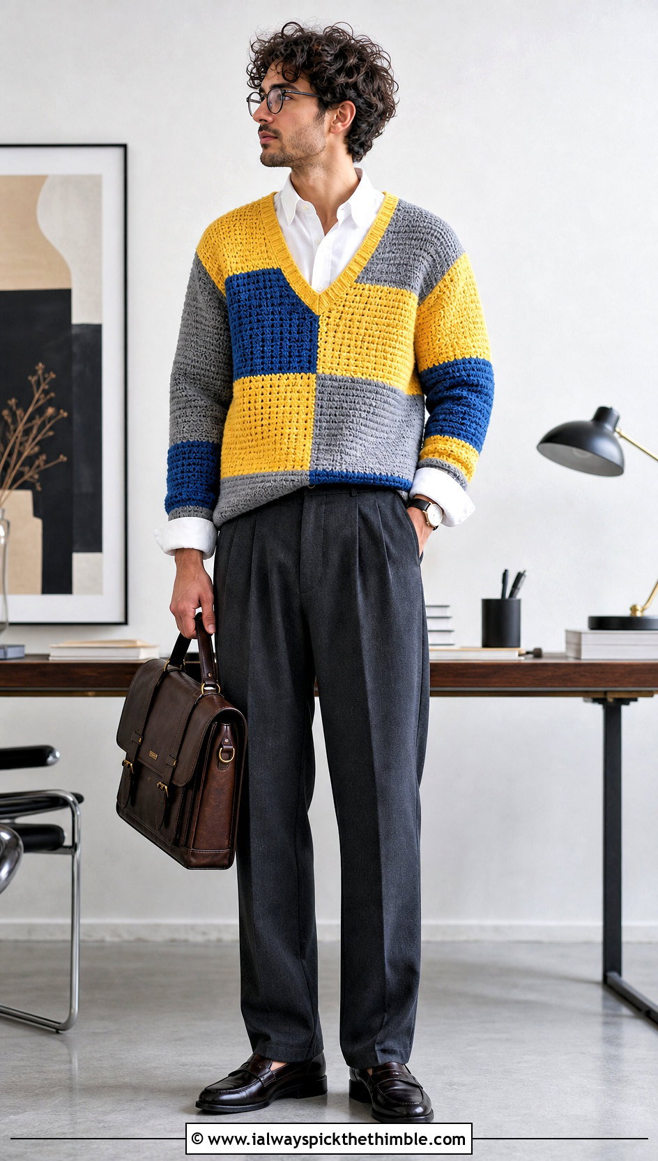 V Neck Patchwork Crochet Sweater With Button Down Shirt - 25 patchwork crochet sweater outfit ideas