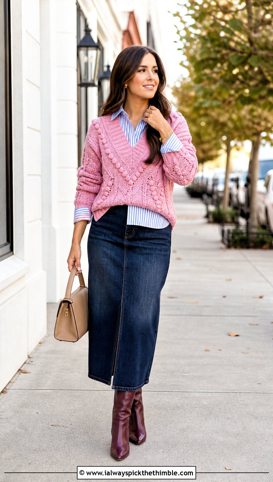 V Neck Pink Crochet Pom Pom Sweater With Denim Midi Skirt - 15 pink crochet sweater with pom poms outfit ideas