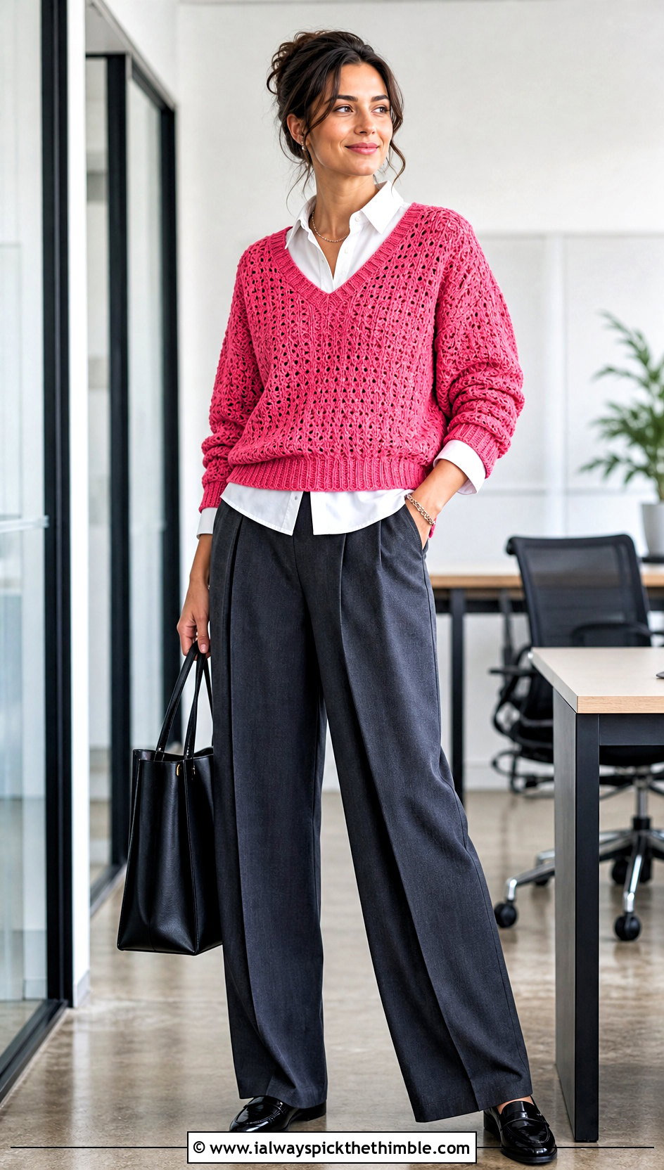 V Neck Pink Crochet Sweater With Tailored Trousers - 25 pink crochet sweater outfit ideas