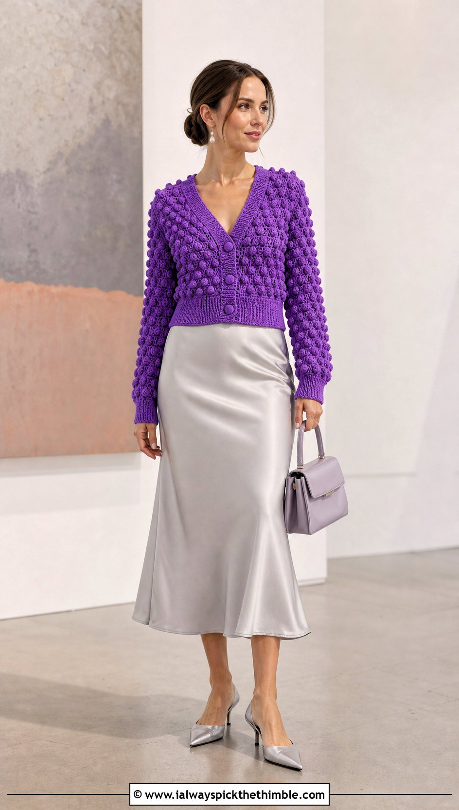 V Neck Popcorn Stitch Crochet Bubble Cardigan With Satin Skirt - 15 Crochet Bubble Cardigan outfit ideas