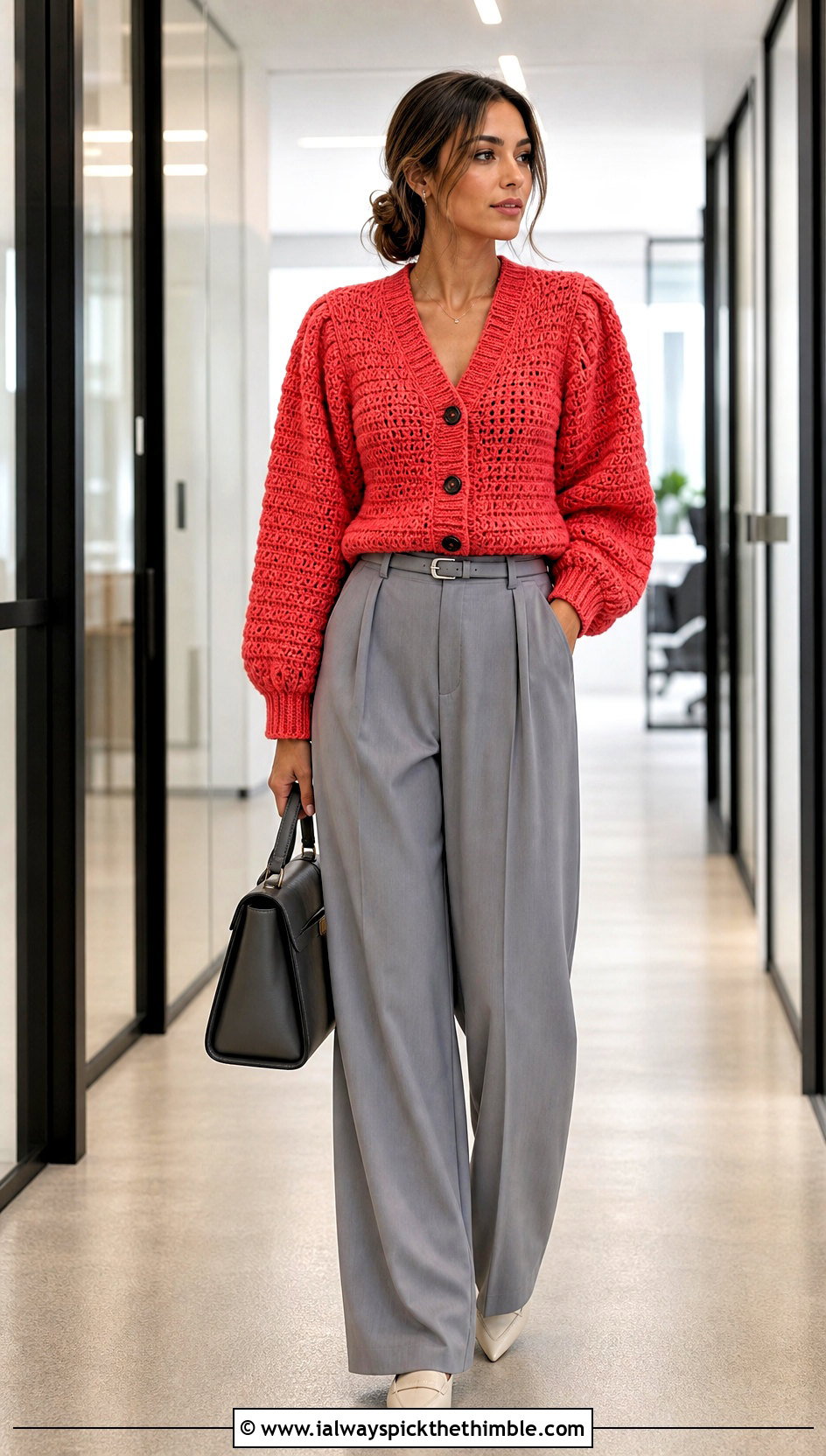 V Neck Puff Sleeve Bulky Crochet Cardigan With Pleated Trousers - 20 Bulky Crochet Cardigan outfit ideas