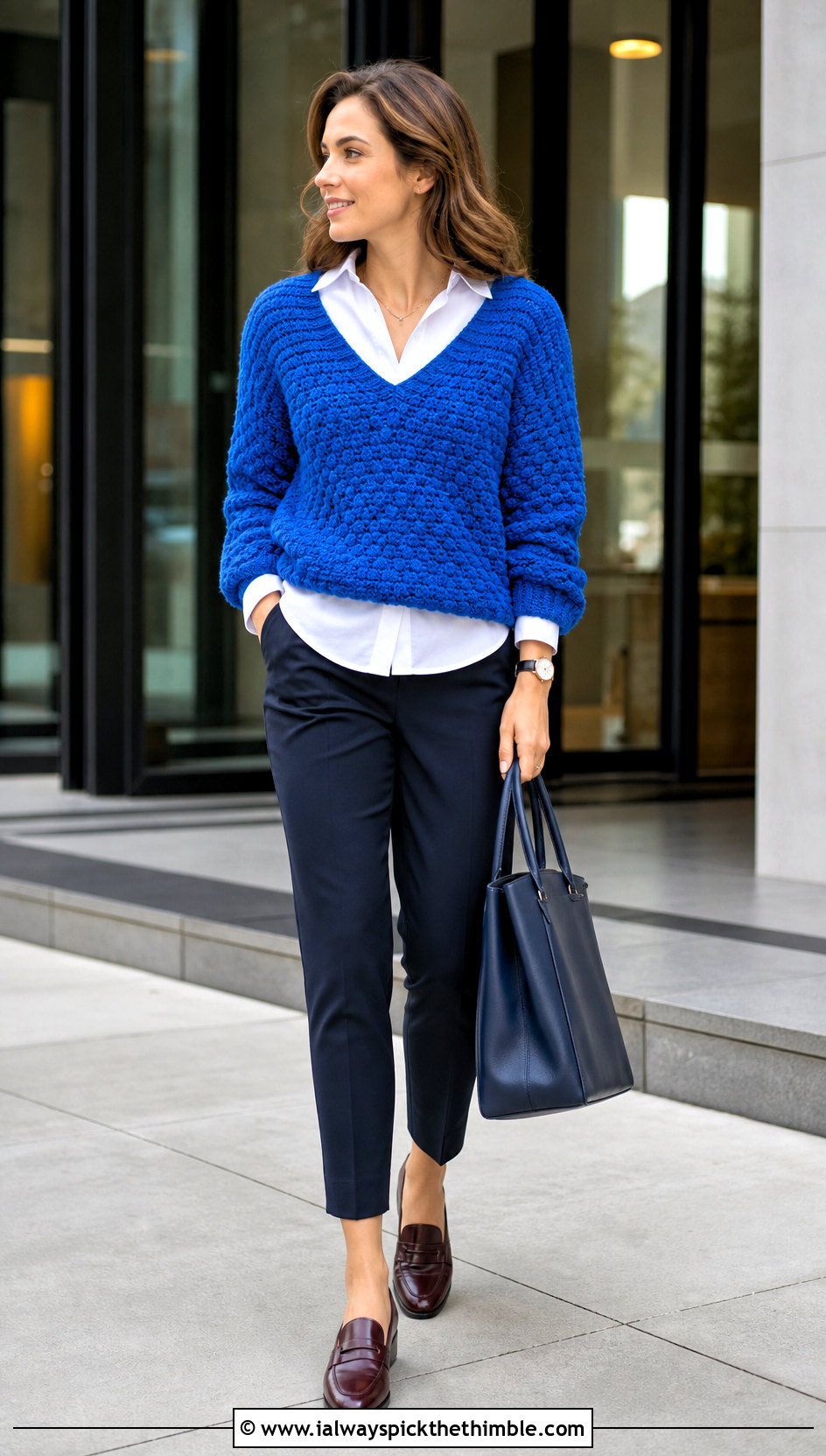 V Neck Puffy Crochet Sweater With Button Down Shirt And Loafers - 15 Puffy Crochet Sweater outfit ideas
