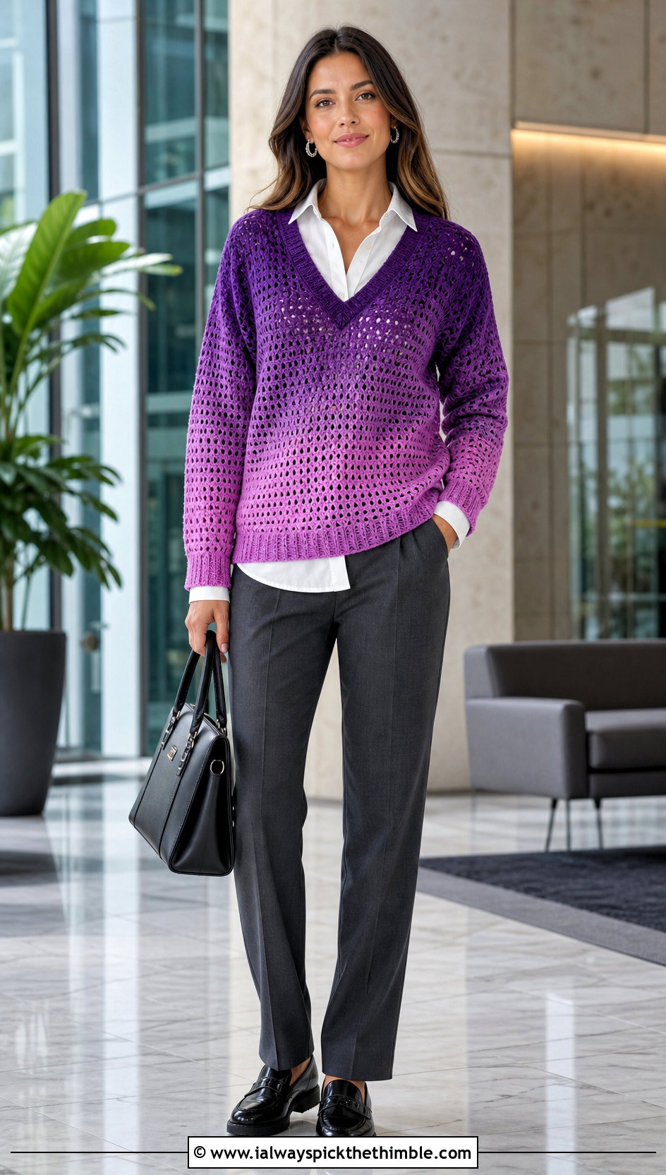 V Neck Purple Ombre Crochet Sweater With Button Down Shirt And Trousers - 15 purple ombre crochet sweater outfit ideas